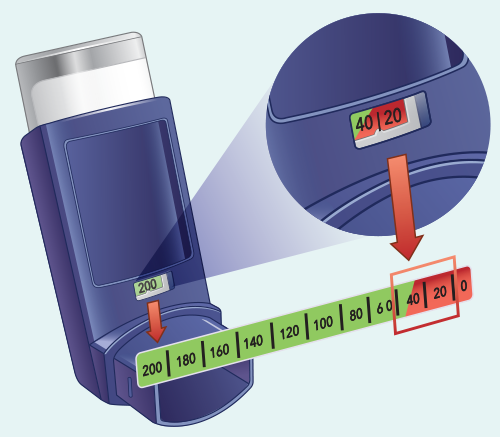 When the dose indicator is red, it is time for a refill When the dose indicator is red, it is time for a refill