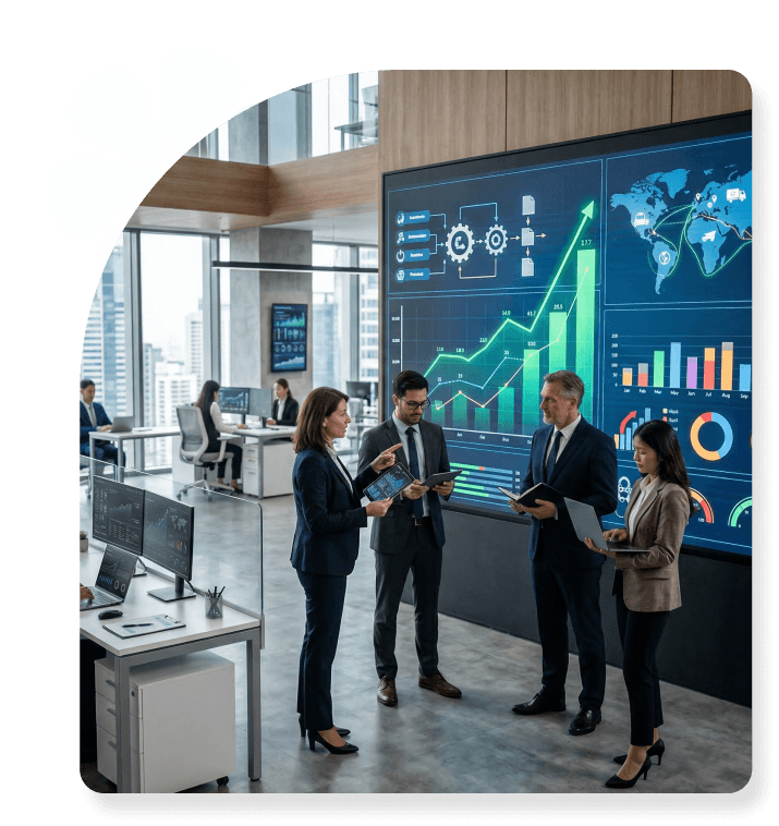 Professionals collaborating with large data visualization screens in a modern office