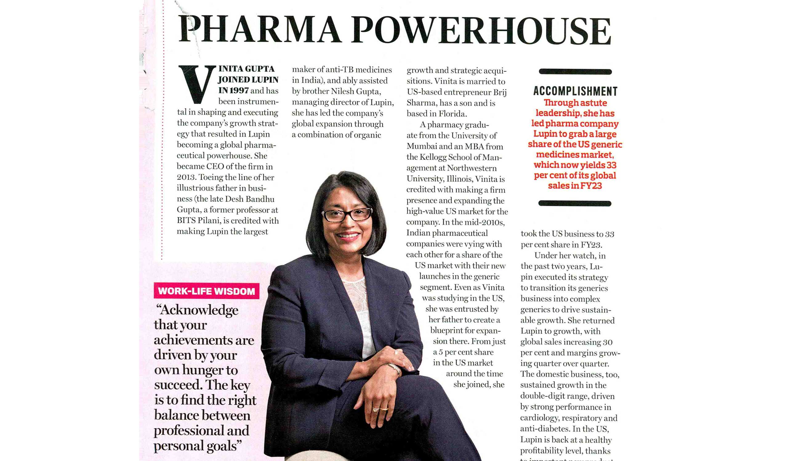 Vinita Gupta, Lupin CEO featured among the Top 100 Women Achievers of India by India Today – Jan 2024