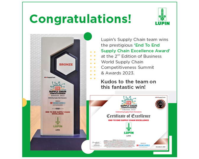 Lupin’s Supply Chain Team Wins the Prestigious ‘End to End Supply Chain Excellence Award’ at the 2nd Edition of Business World Supply Chain Competitiveness Summit & Awards 2023