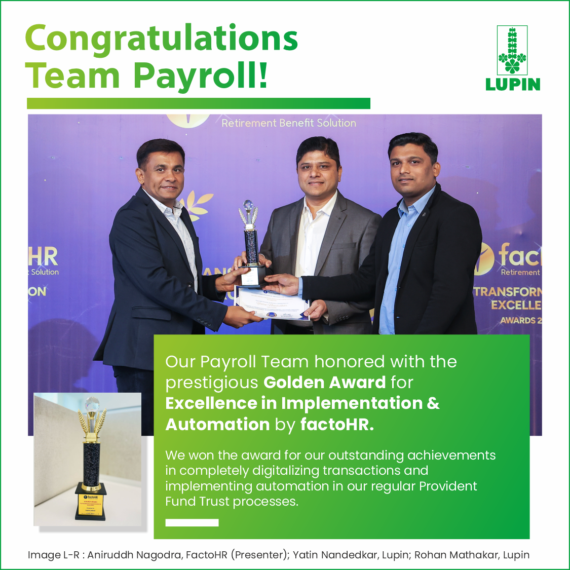 Our Payroll Team honored with the prestigious Golden Award for Excellence in Implementation & Automation by factoHR.