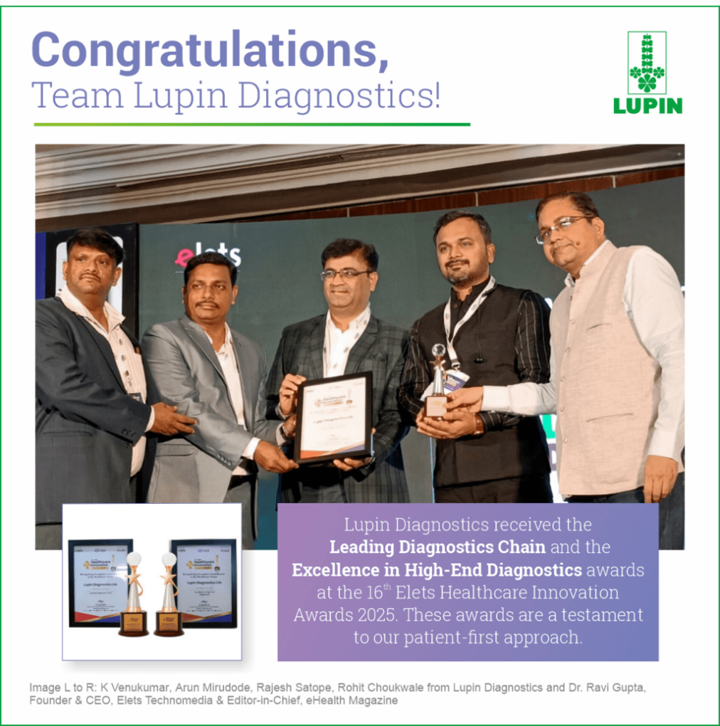 Lupin Diagnostics received Leading Diagnostics Chain and the Excellence in High-Diagnostics awards at the 16th Elets Healthcare innovation award in 2025. These awards are testaments to our patient-first approach.
